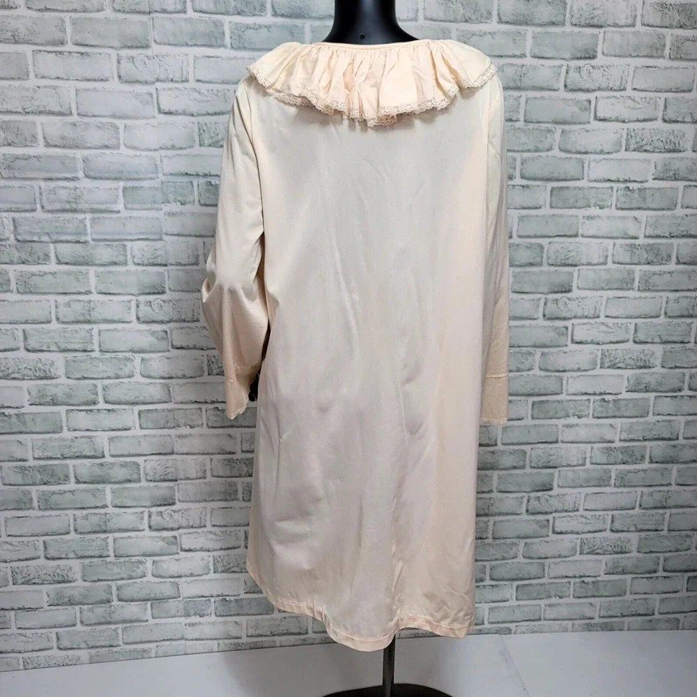 Vintage 60s Sears L Nylon Nightgown Peach Lace Ruffle Collar Bow ILGWU Union USA